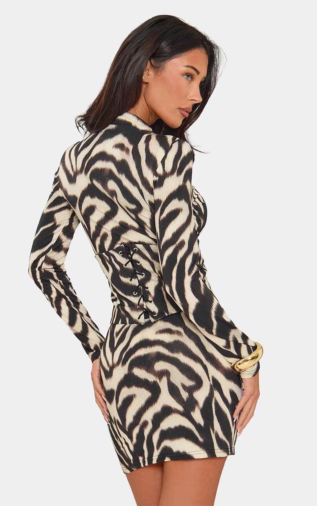 EGO Long Sleeve Lace Up Back Corseted Mini Dress In Multi Zebra Print, Women's Size UK S/M