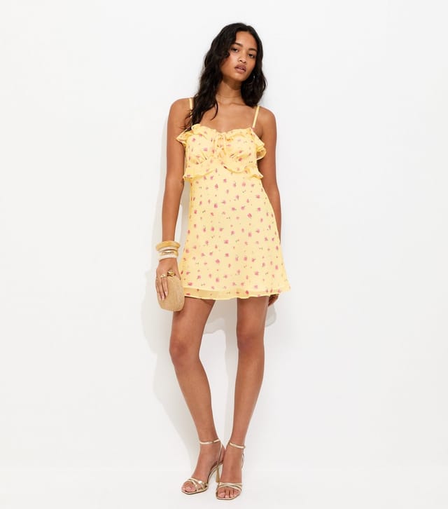 New Look Women's Light Yellow Ditsy Floral Chiffon Ruffle Strappy Mini Dress New Look - 3