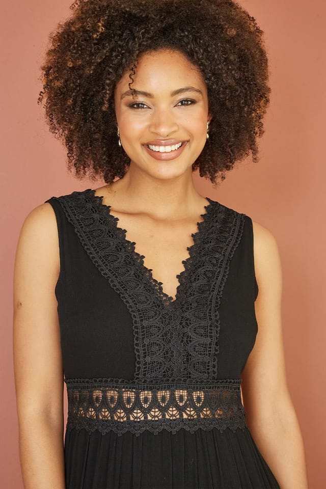Yumi Yumi Women's Black Lace Trim Cotton Midi Sun Dress - 2
