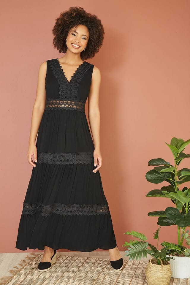 Yumi Yumi Women's Black Lace Trim Cotton Midi Sun Dress - 3