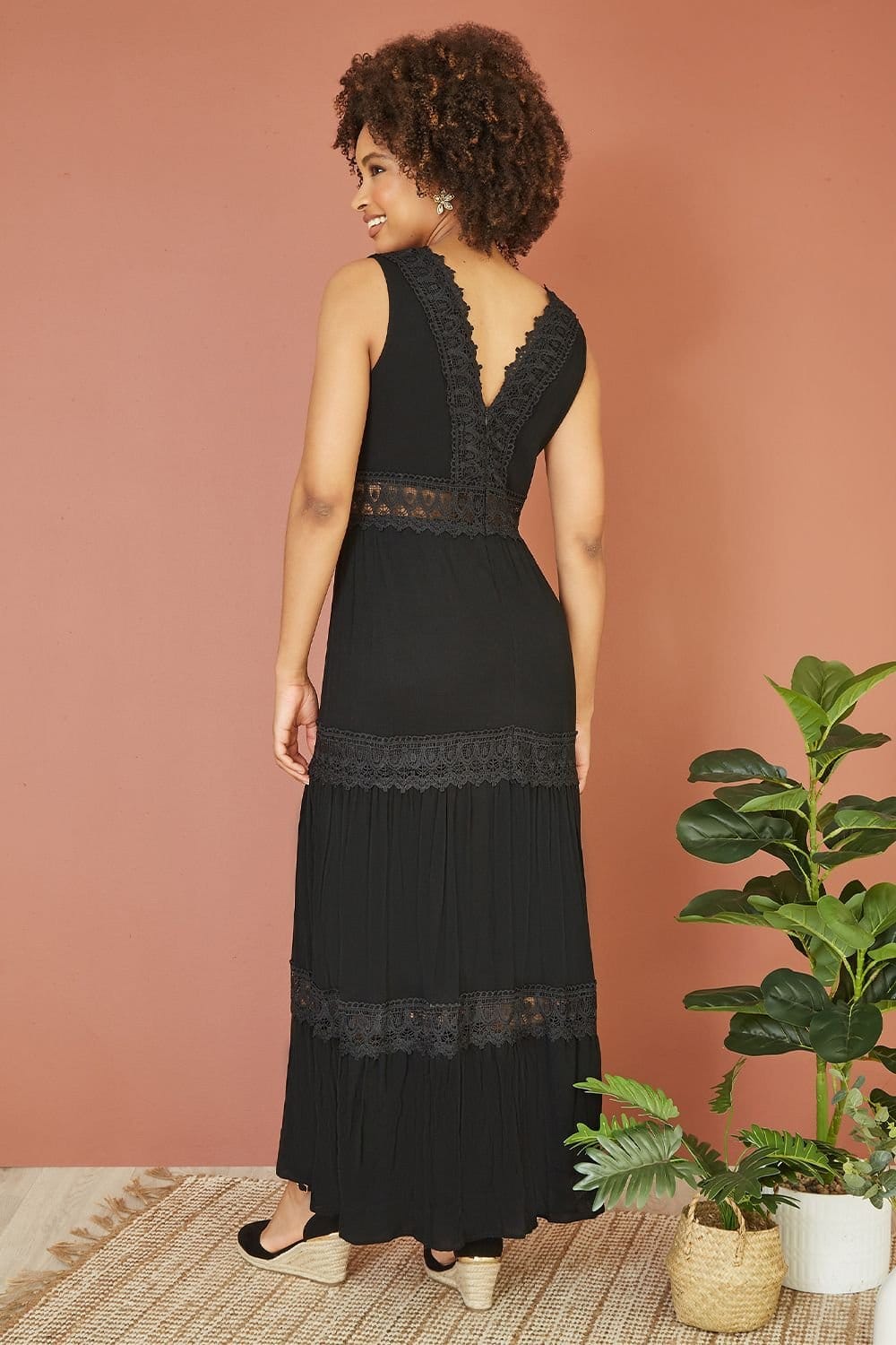 Yumi Yumi Women's Black Lace Trim Cotton Midi Sun Dress - 4