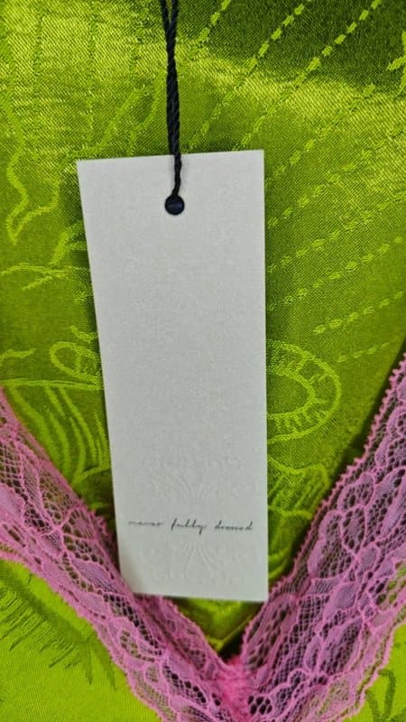 Never Fully Dressed Never Fully Dressed lime green satin viral dress with pink lace size 26