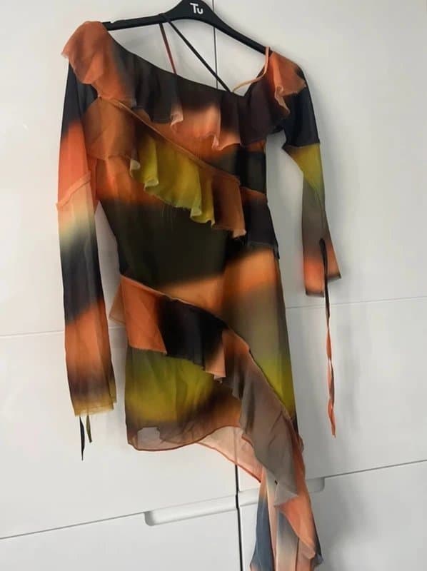 ASOS ASOS panelled frayed one shoulder mini dress in sunset stripe