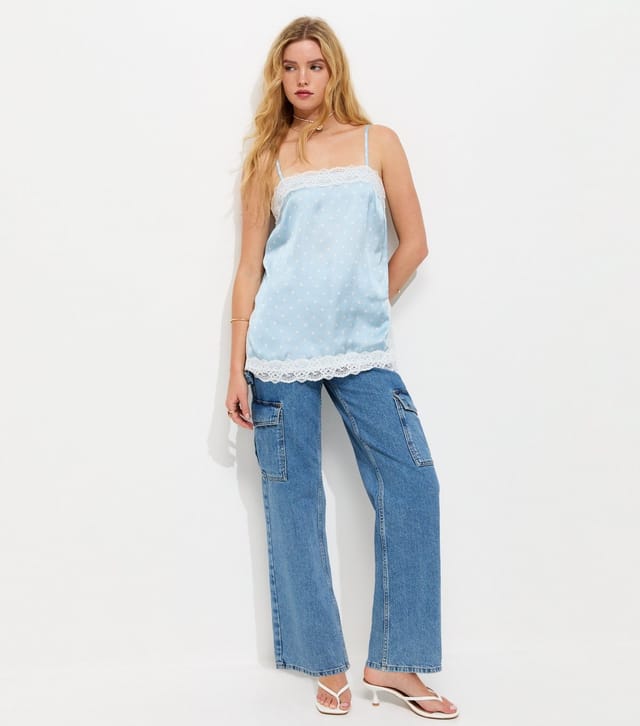 New Look Women's Blue Satin Lace Trim Polka Dot Cami Top New Look - 3