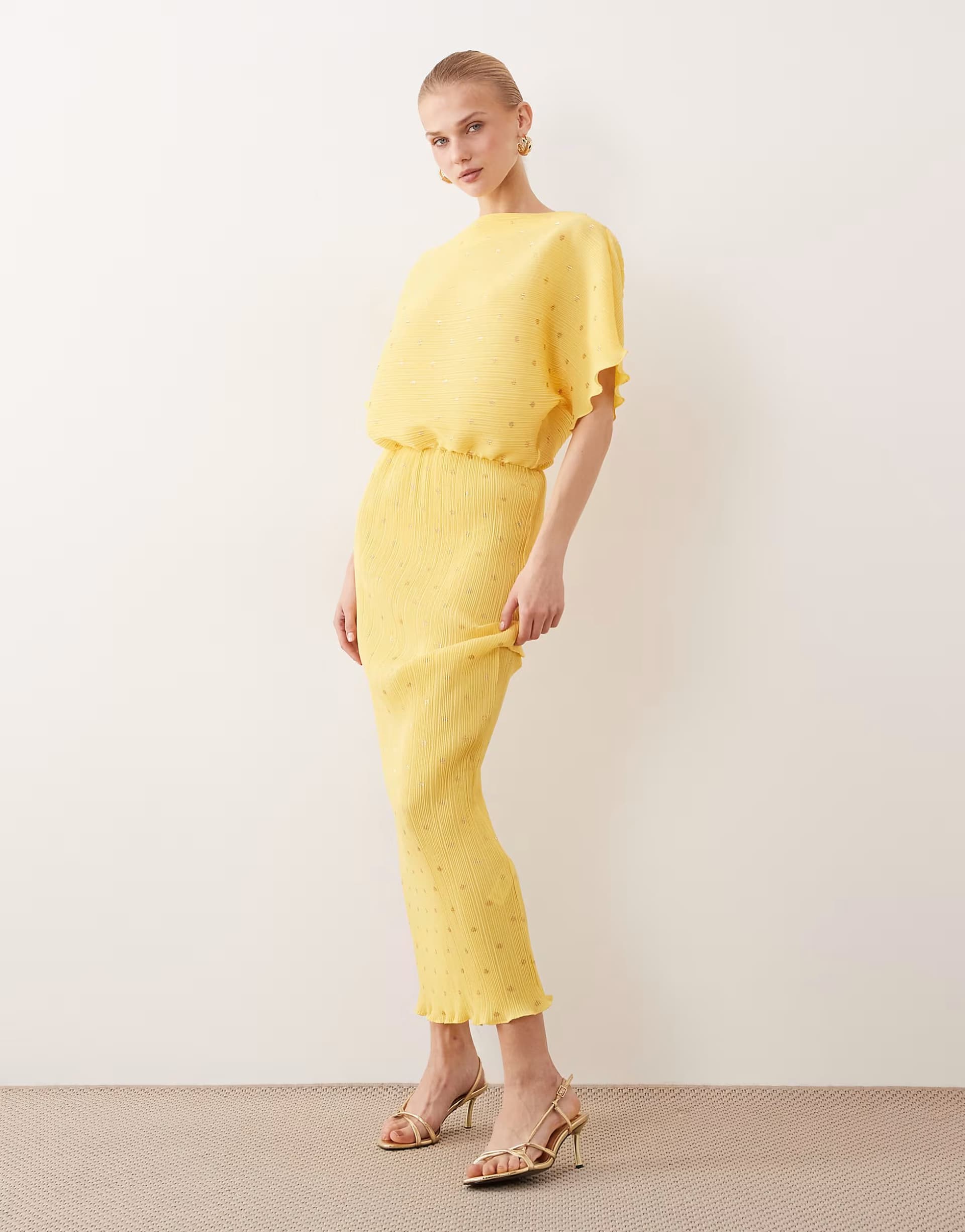 ASOS Never Fully Dressed Tilly off shoulder plisse maxi dress in metalic yellow spot