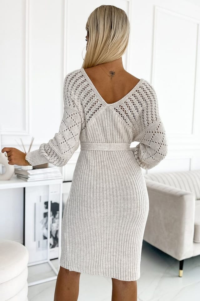 Love Lace Love Lace Women's Openwork Long Sleeve Sweater Dress in Beige - 3