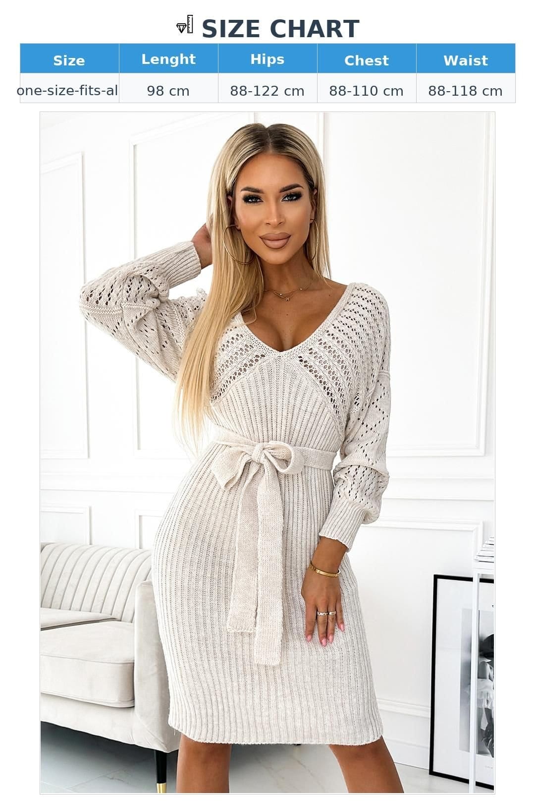 Love Lace Love Lace Women's Openwork Long Sleeve Sweater Dress in Beige - 4