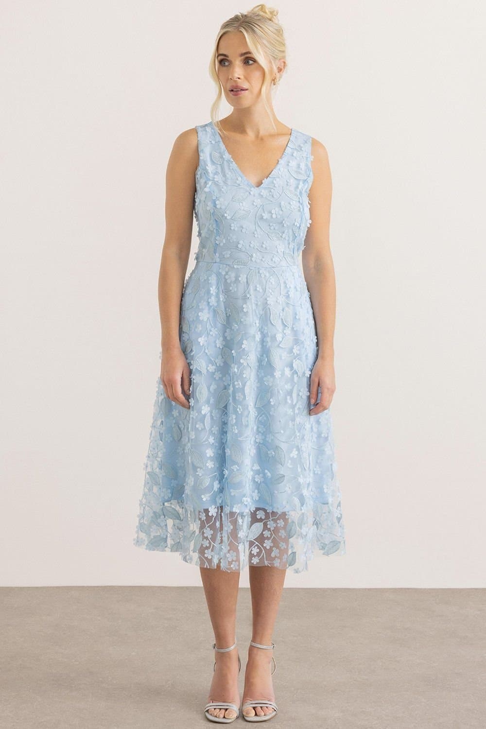 Klass. Klass. Women's Sleeveless Floral Applique Shimmer Mesh Dress in Pale Blue
