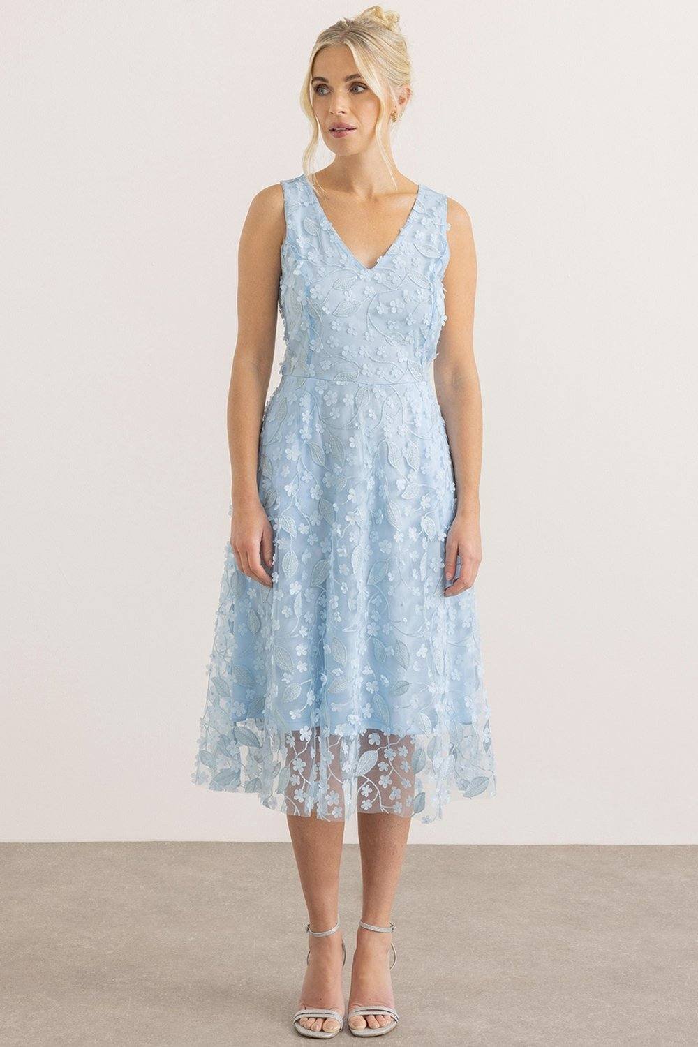 Klass. Klass. Women's Sleeveless Floral Applique Shimmer Mesh Dress in Pale Blue - 2