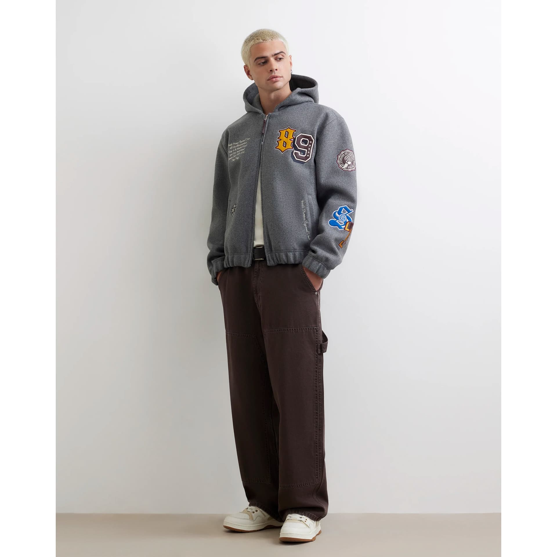 River Island Mens River Island Grey Hooded Multi Badged Varsity Jacket