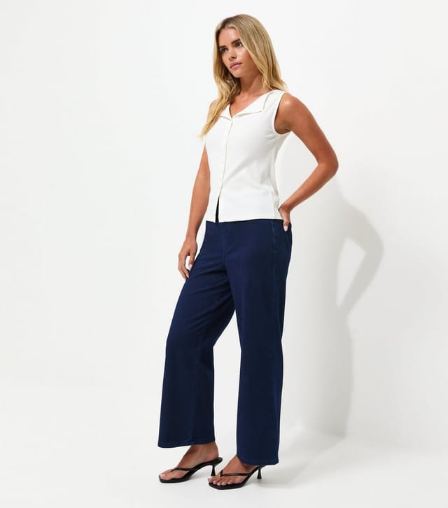 New Look Women's Petite Blue Cotton Rich Jersey Wide Leg Trousers New Look - 3