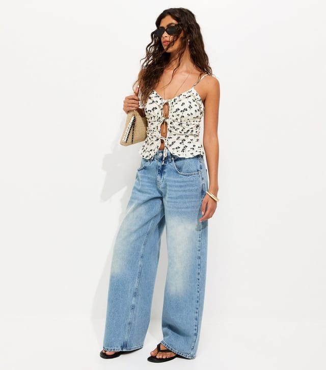 New Look Women's White Cotton Floral Tie Front Cami Top New Look - 3