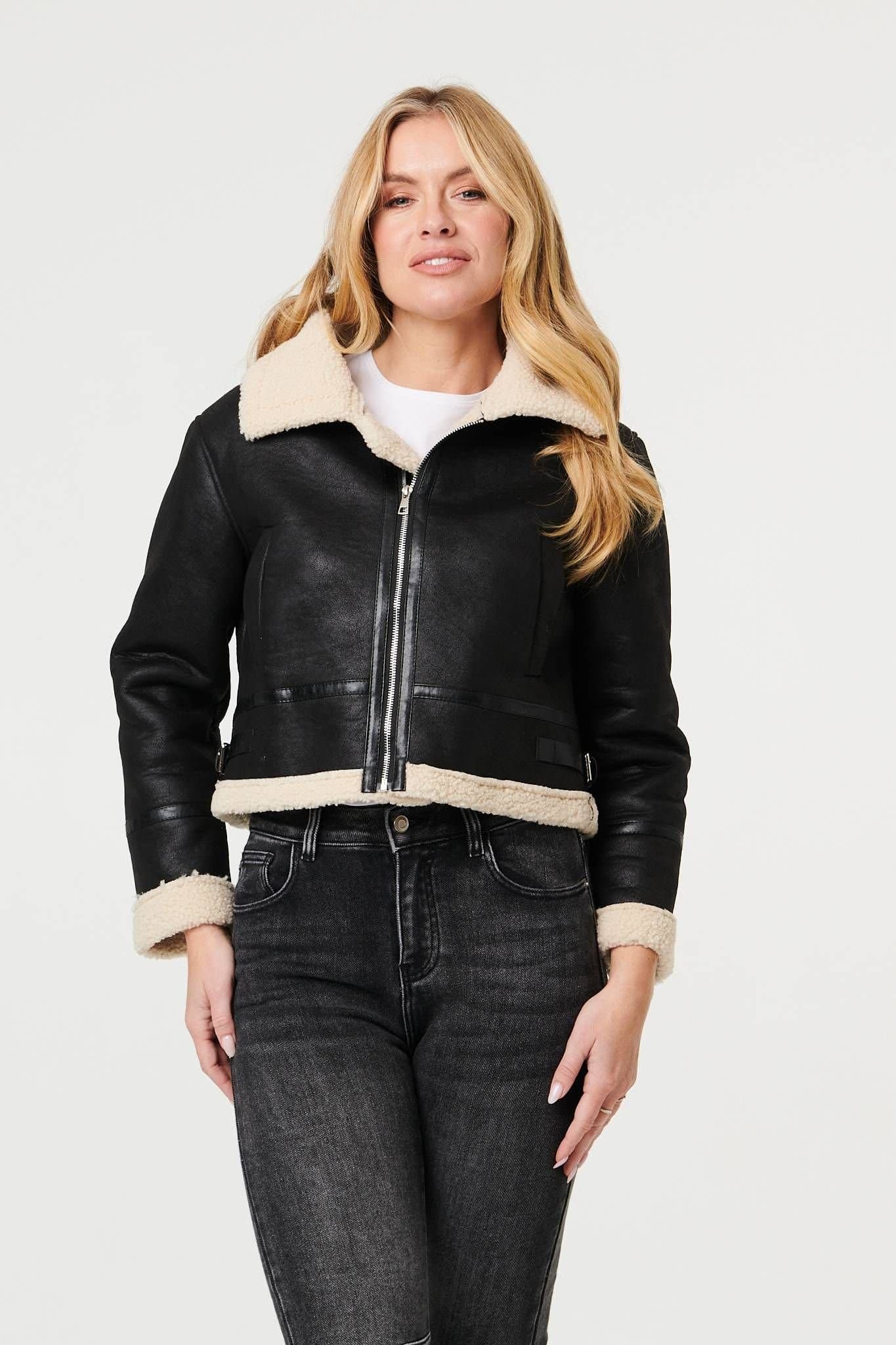 Izabel London Izabel London Women's Faux Suede Teddy-Lined Cropped Jacket in Black