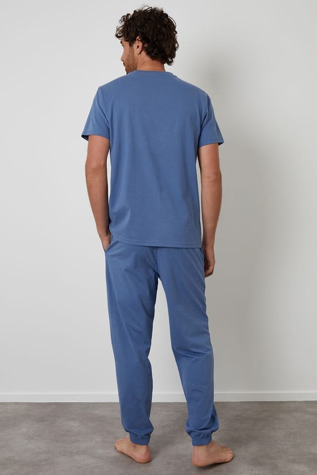 Threadbare Threadbare Men's Peached Cotton Short Sleeve Pyjama Set in Blue - 2