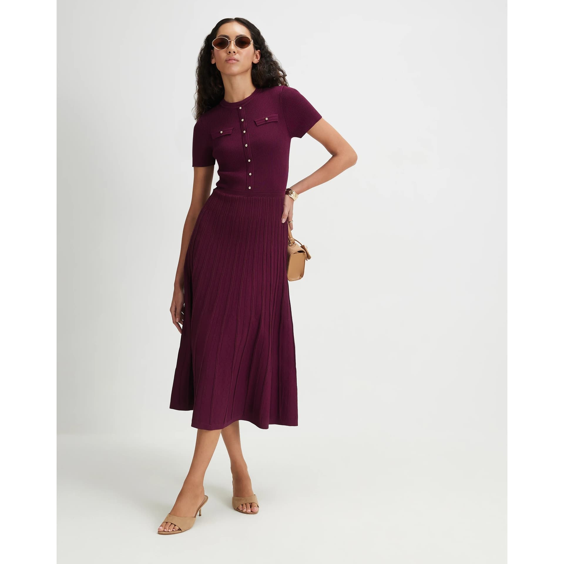 River Island River Island Womens Burgundy Cotton Pointelle Knit Midi Dress