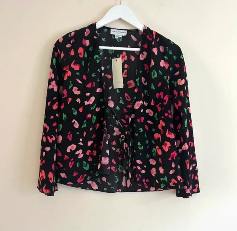 Never Fully Dressed Never Fully Dressed Black Leopard Print Tie Front Blouse Flare Sleeve Top UK 8