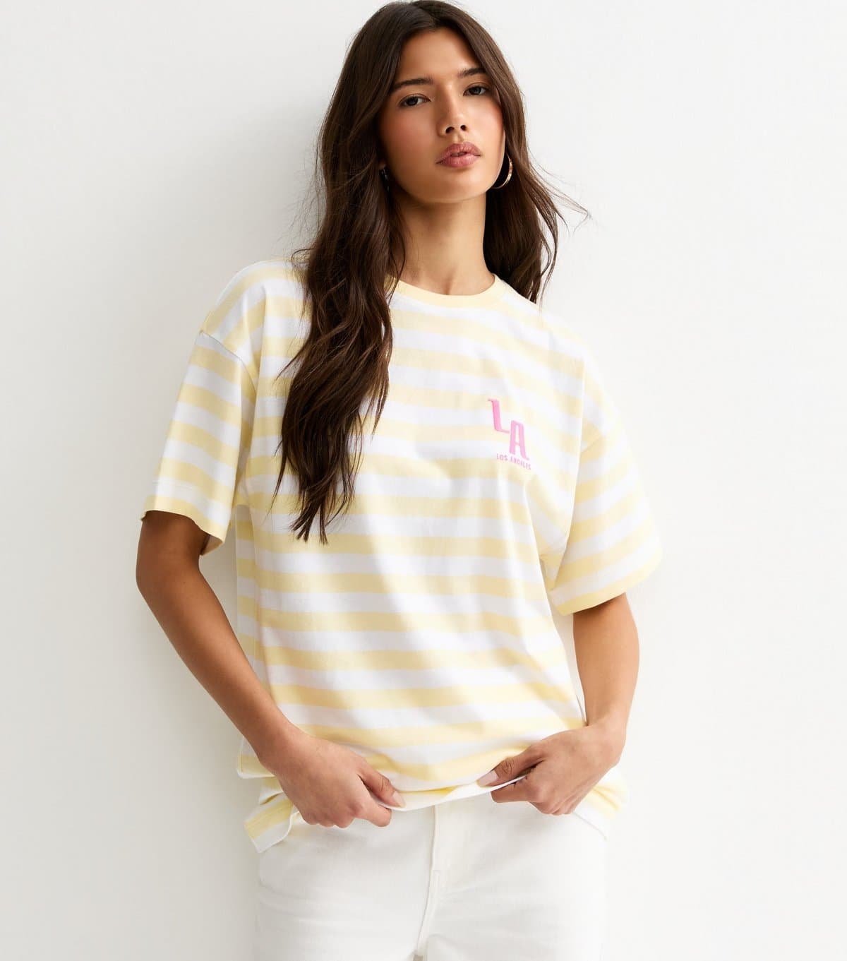 New Look Women's Yellow Striped LA Print Oversized T-Shirt New Look