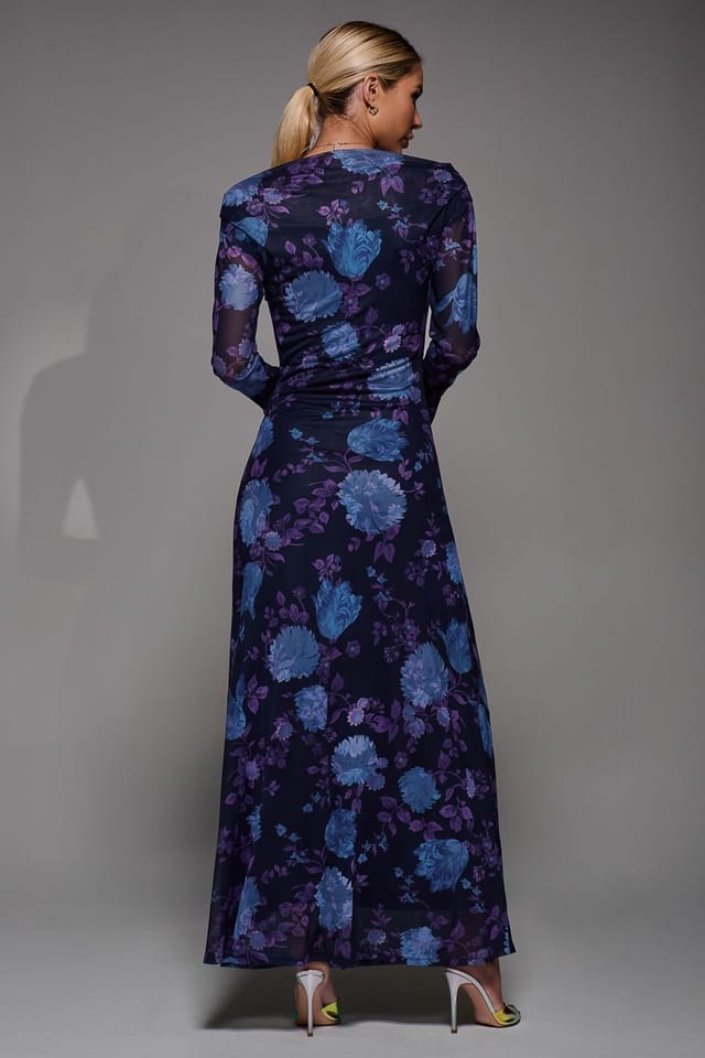 Jolie Moi Jolie Moi Women's Long Sleeve Slash Neck Maxi Dress in Navy - 2