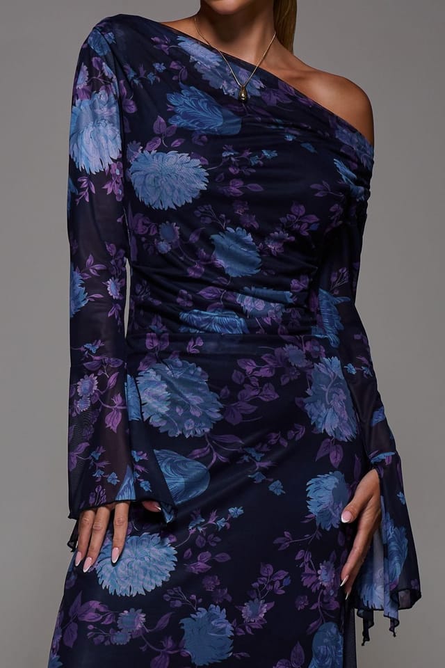 Jolie Moi Jolie Moi Women's Long Sleeve Slash Neck Maxi Dress in Navy - 3