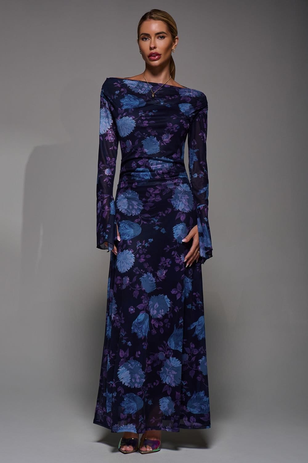 Jolie Moi Jolie Moi Women's Long Sleeve Slash Neck Maxi Dress in Navy - 4