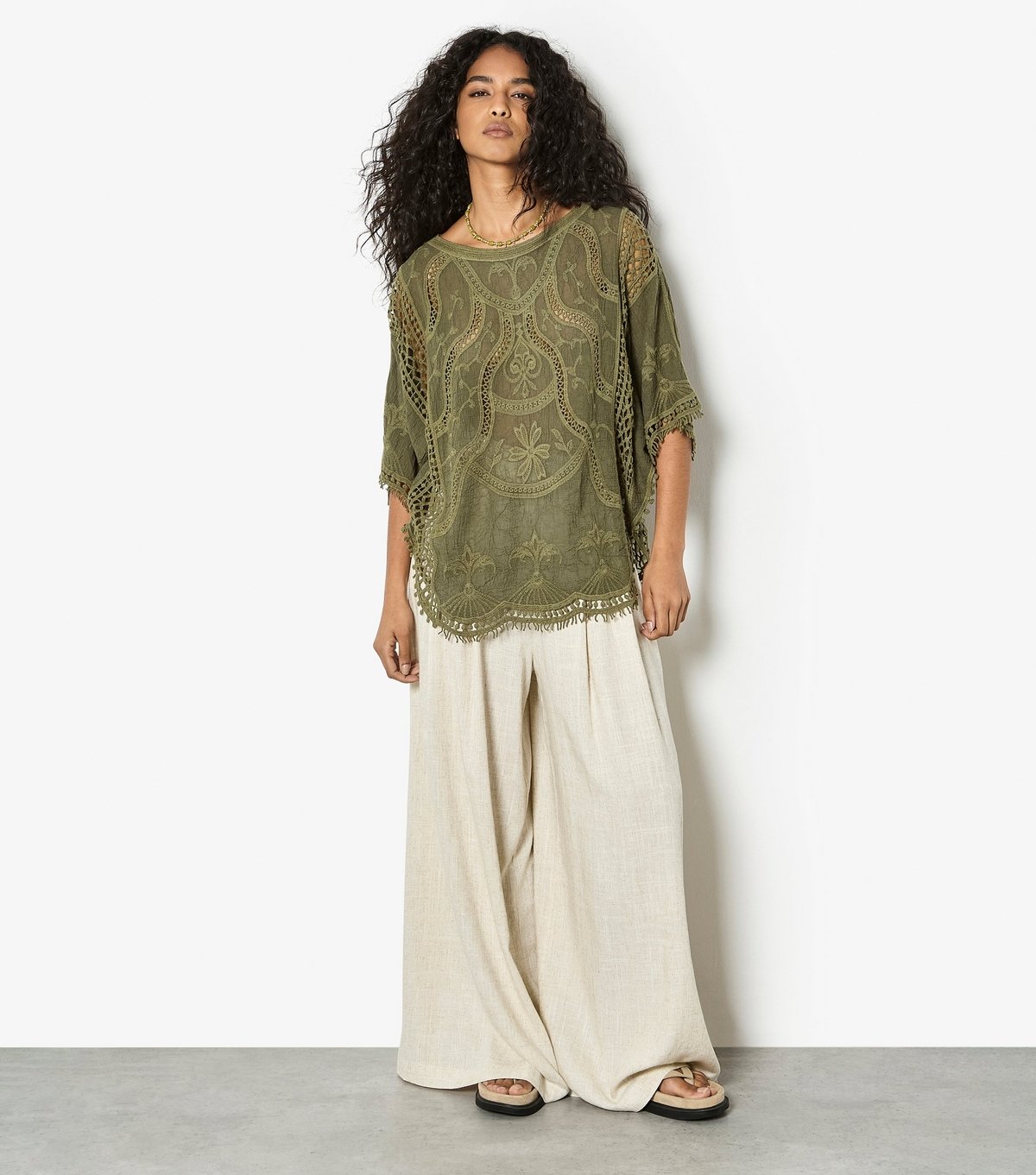 Apricot Women's Dark Khaki Embroidered Crochet Knit Top Apricot New Look - 2