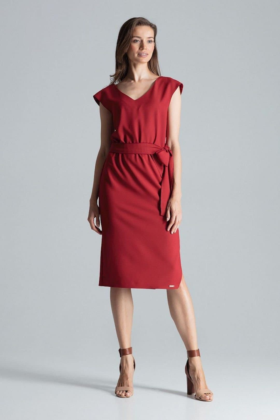 Love Lace Love Lace Women's V Neck Asym Slit Midi Dress with Tied Belt in Red