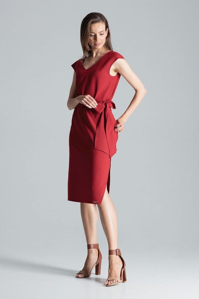 Love Lace Love Lace Women's V Neck Asym Slit Midi Dress with Tied Belt in Red - 2