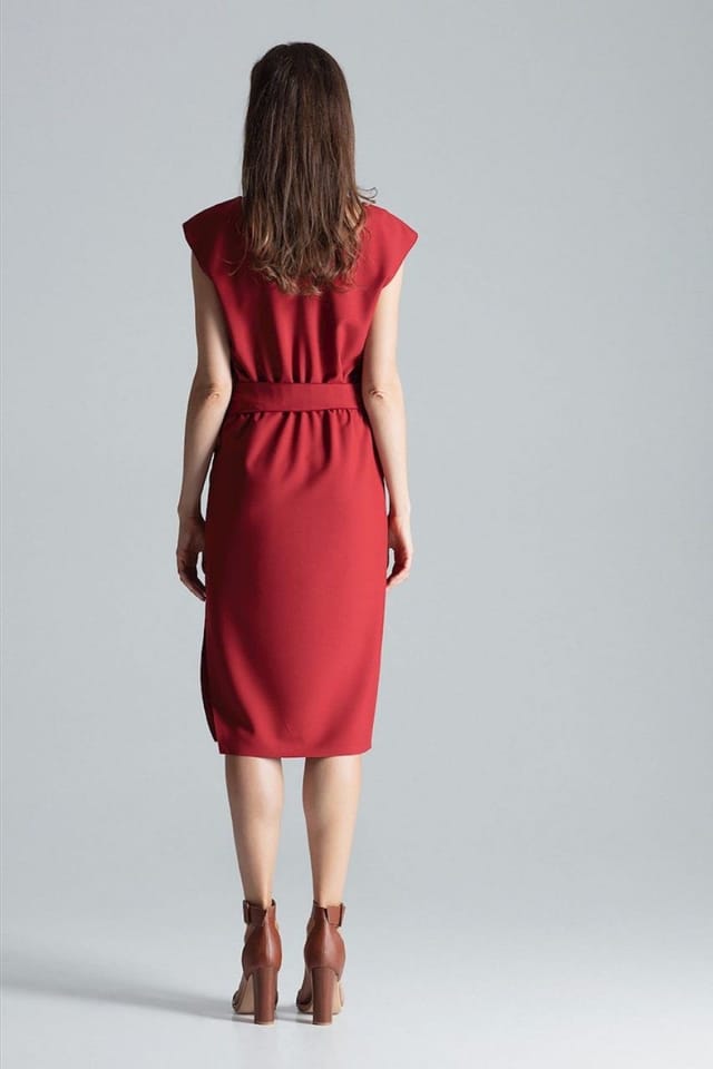 Love Lace Love Lace Women's V Neck Asym Slit Midi Dress with Tied Belt in Red - 3