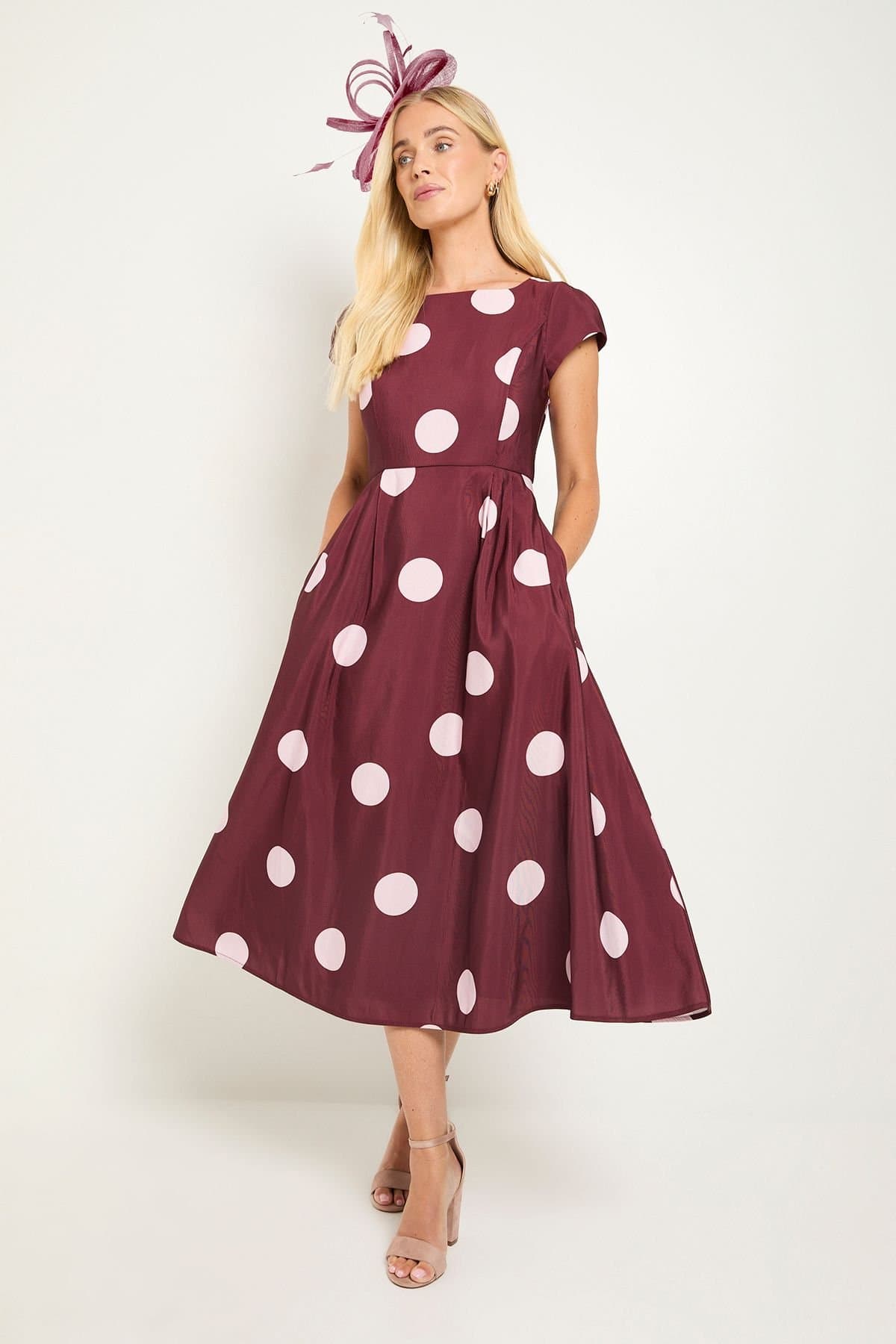 Wallis Wallis Women's Petite Spot Ottoman Fit & Flare Midi Dress in Wine