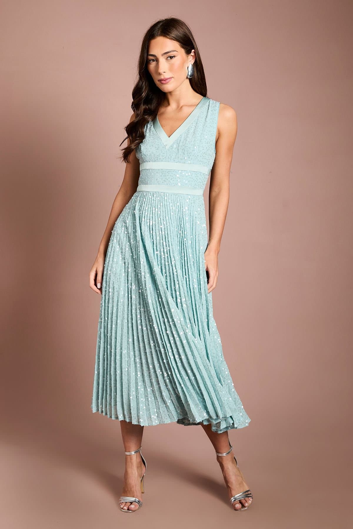 Coast Coast Women's Muse Sequin Pleated V Neck Midi Dress in Sage