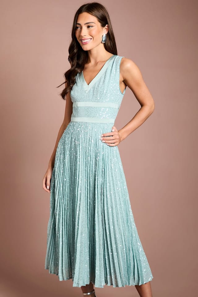 Coast Coast Women's Muse Sequin Pleated V Neck Midi Dress in Sage - 2