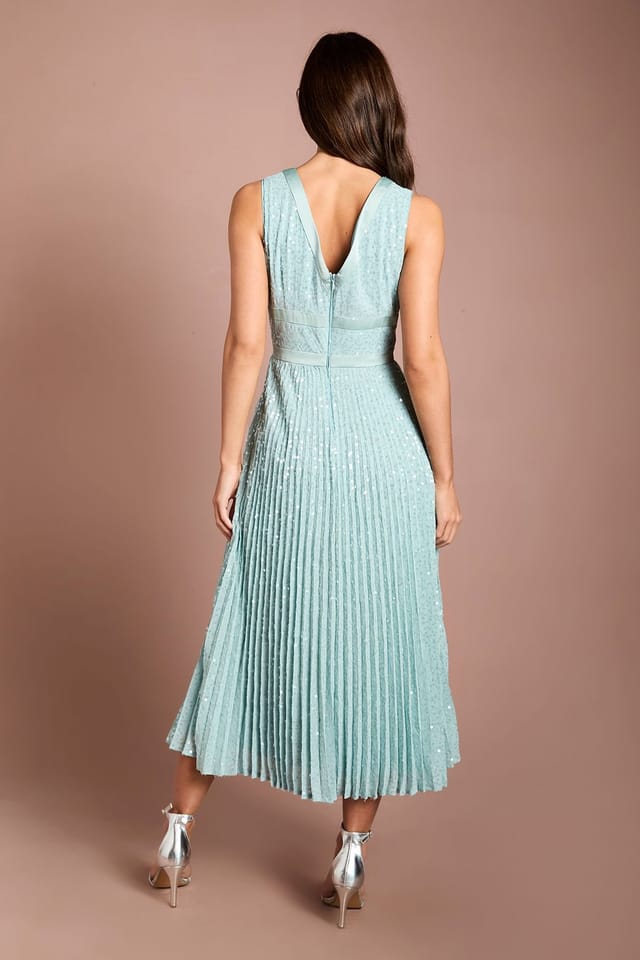 Coast Coast Women's Muse Sequin Pleated V Neck Midi Dress in Sage - 3