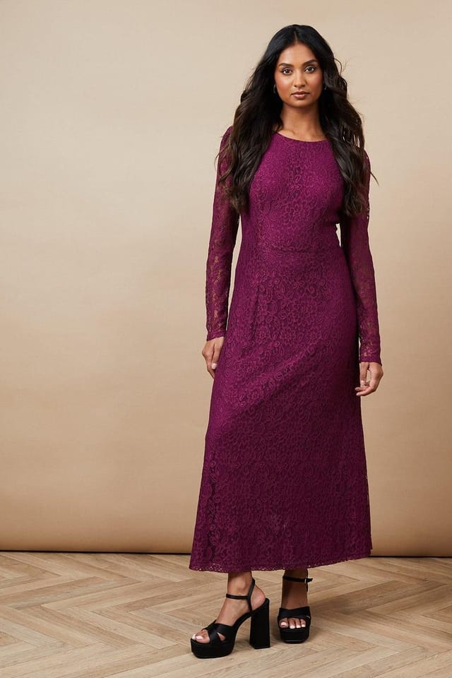 Oasis Oasis Women's Petite Occasion Lace Cut Out Back Midi Dress in Plum - 2