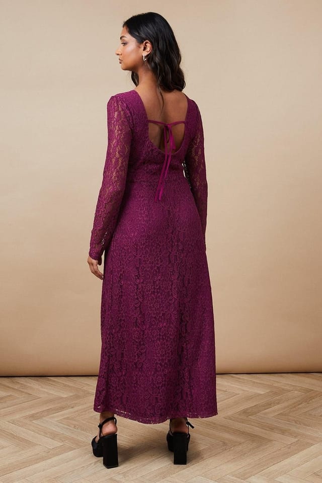 Oasis Oasis Women's Petite Occasion Lace Cut Out Back Midi Dress in Plum - 3