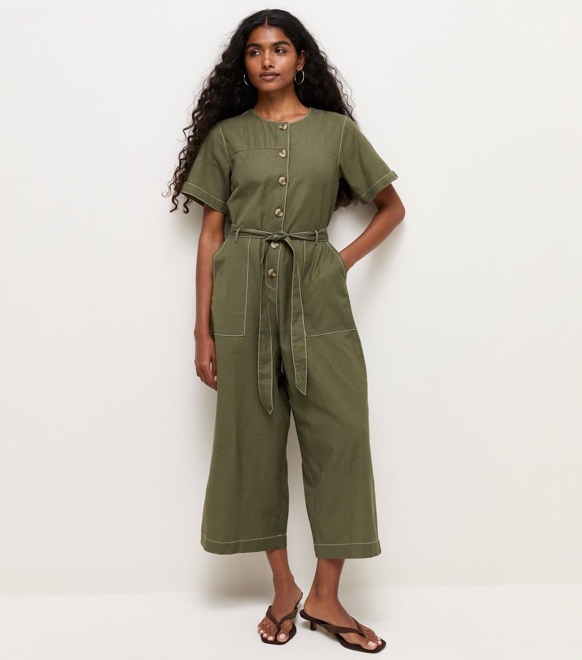 New Look Women's Petite Dark Khaki Cotton Rich Contrast Stitch Buttoned Jumpsuit New Look