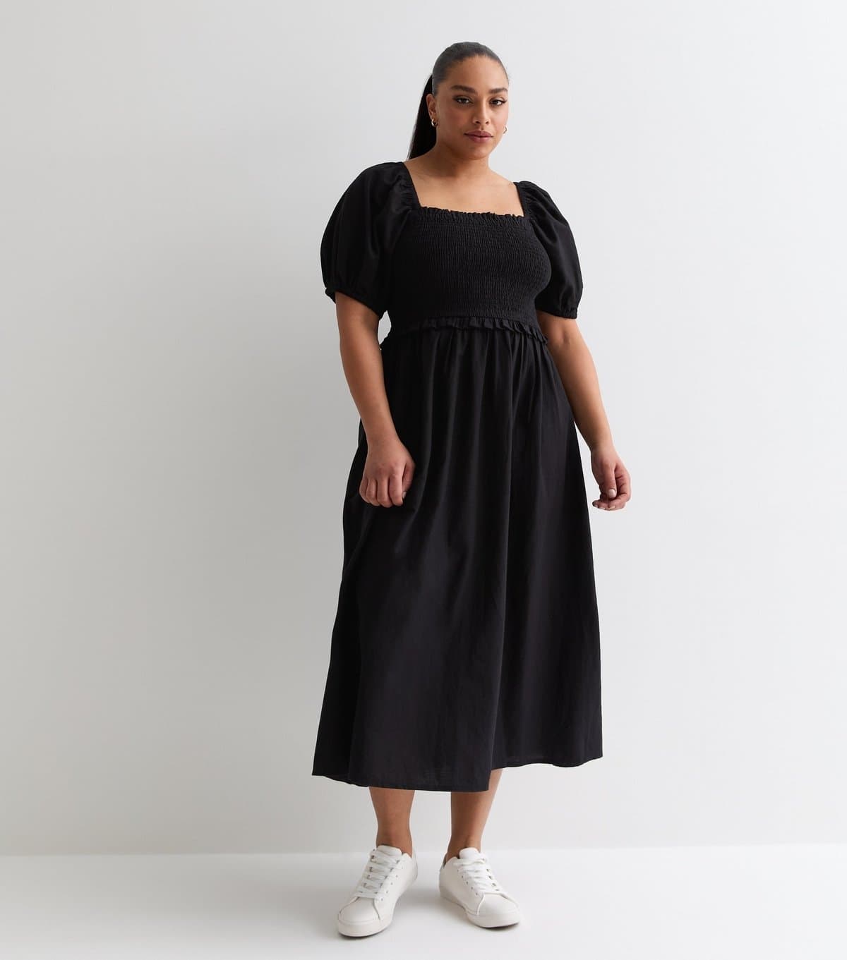 New Look Women's Plus Size Black Square Neck Shirred Midi Dress Curves New Look