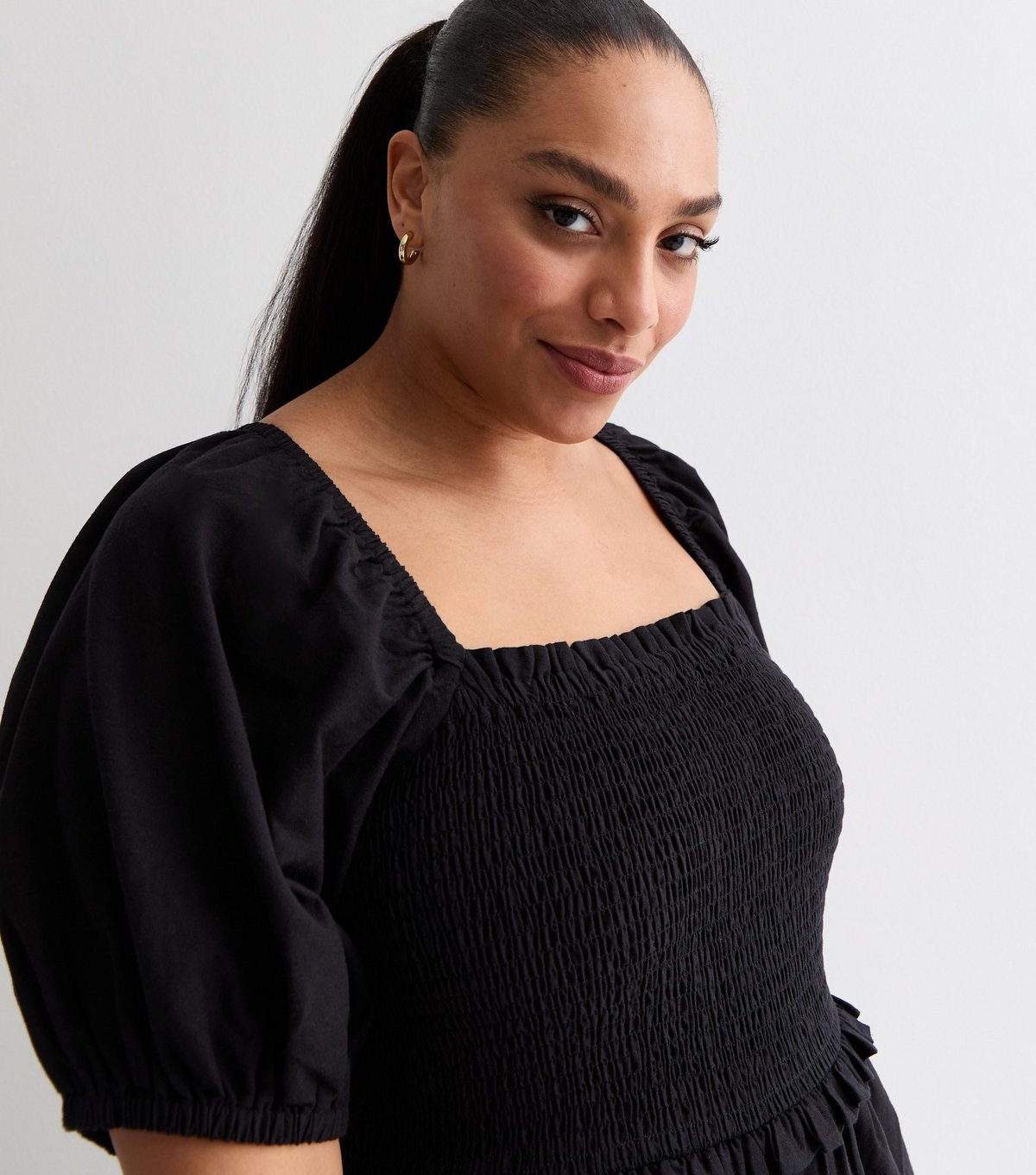 New Look Women's Plus Size Black Square Neck Shirred Midi Dress Curves New Look - 2