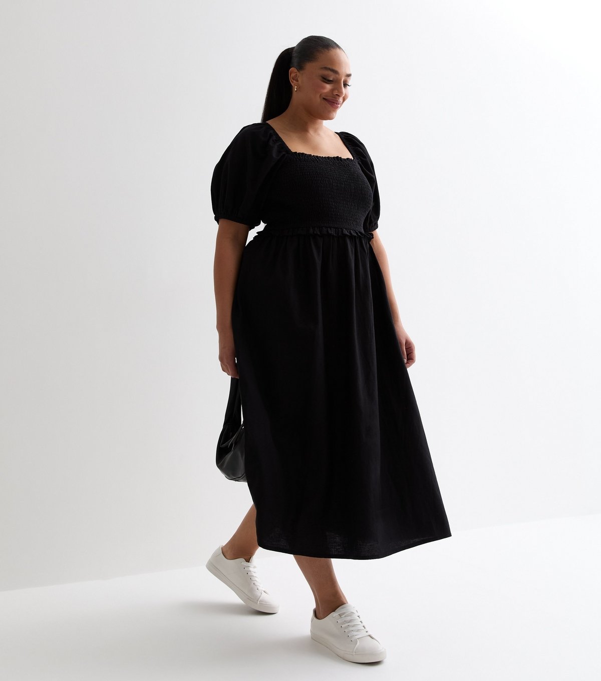 New Look Women's Plus Size Black Square Neck Shirred Midi Dress Curves New Look - 3