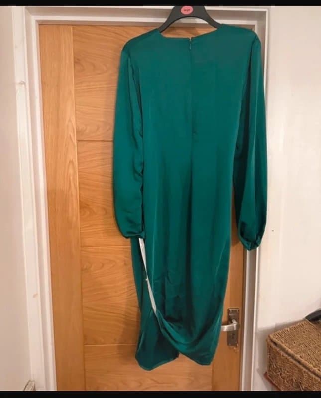 ASOS Flounce London Emerald Green V-Neck Ruched Draped Side Wrap Front Satin Midi Dress