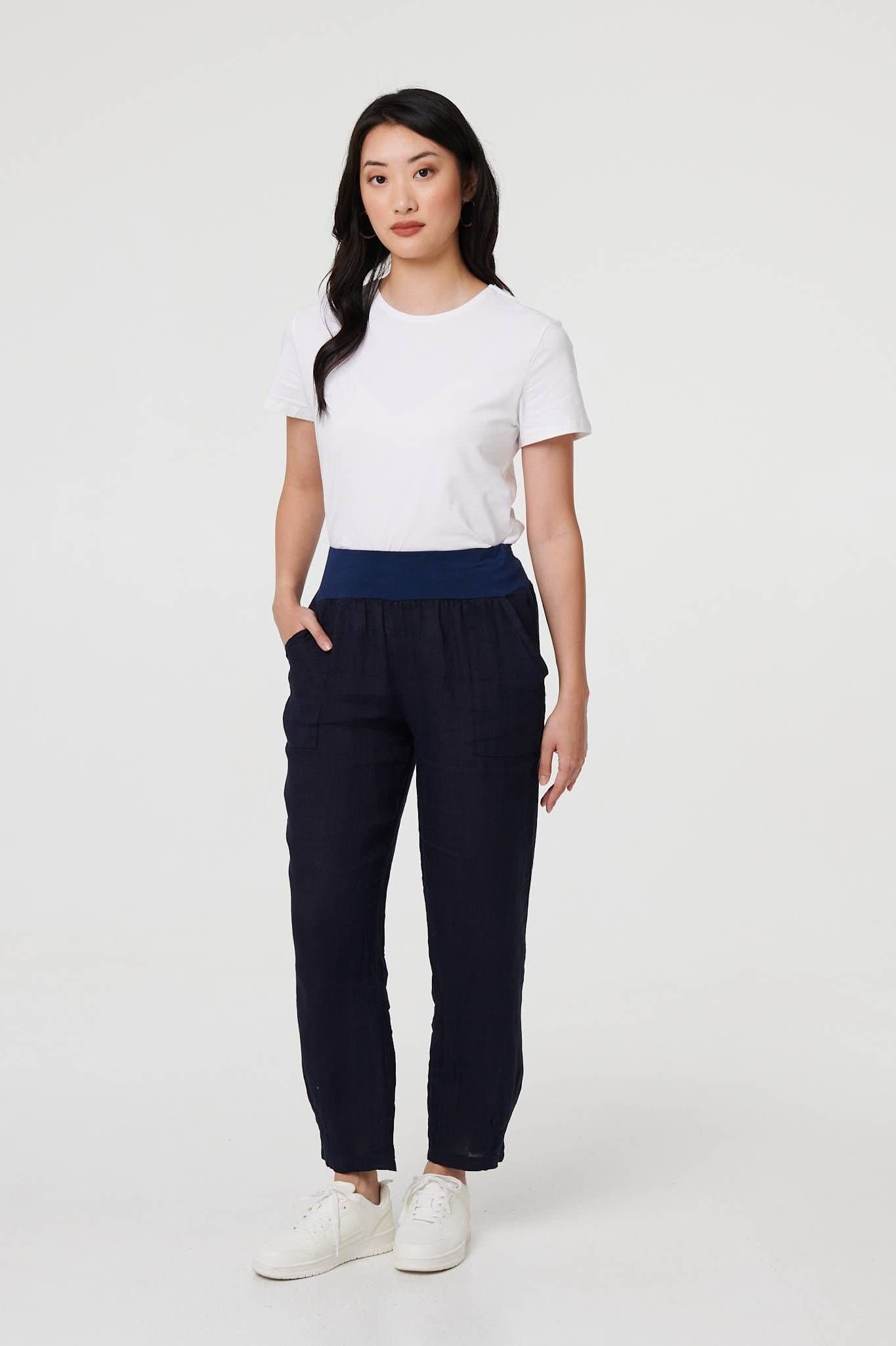 Izabel London Izabel London Women's Relaxed Linen Tapered Trousers in Blue