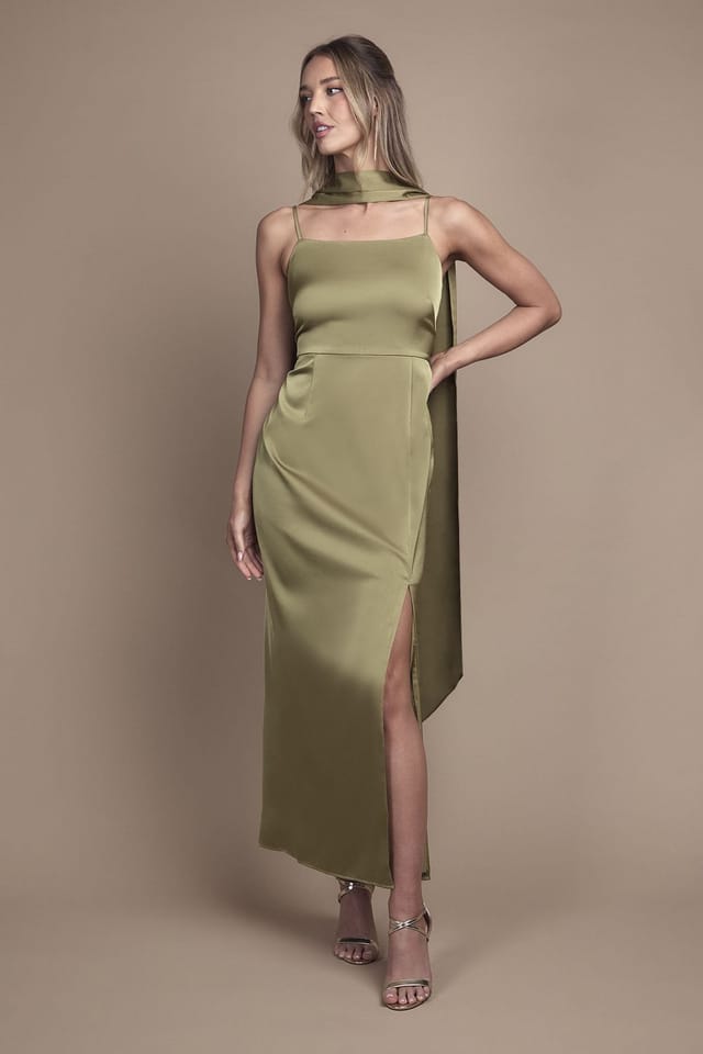 Oasis Oasis Women's Strappy Satin Maxi Bridesmaid Dress with Scarf in Olive - 2