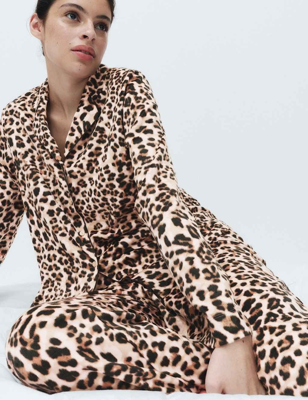 Marks & Spencer M&S Fleece Printed Revere Pyjama Set Brown Mix