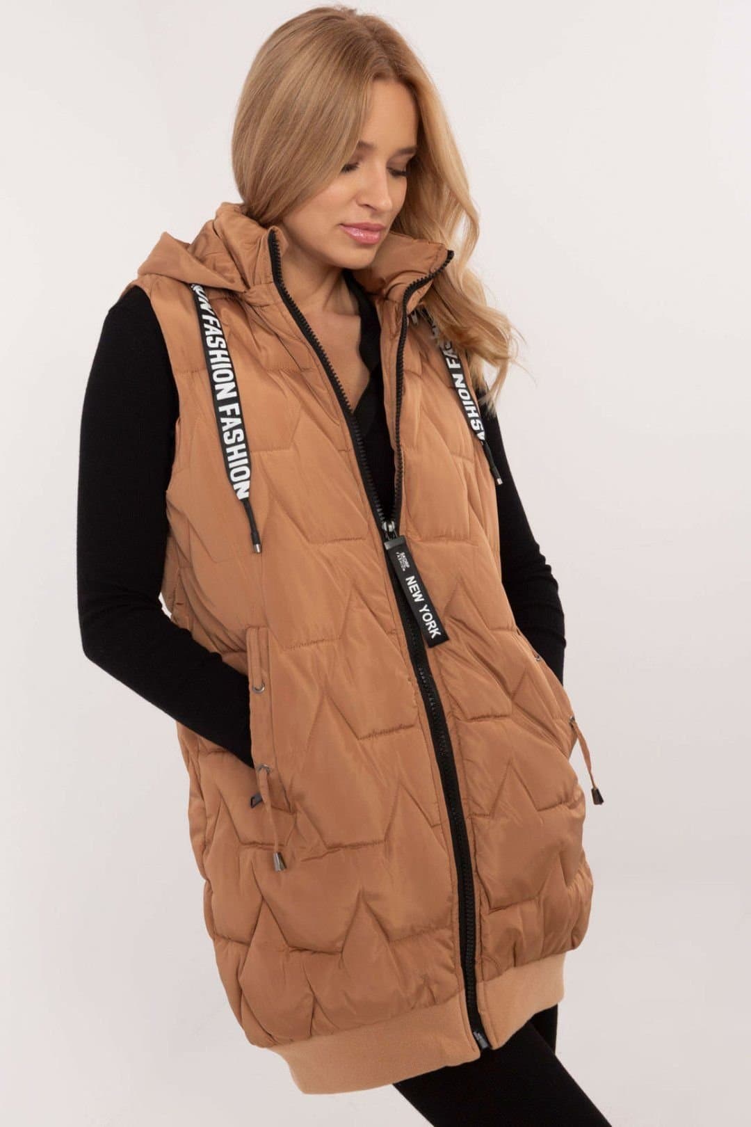 Love Lace Love Lace Women's Quilted Hooded Vest with Zipper Pockets in Brown