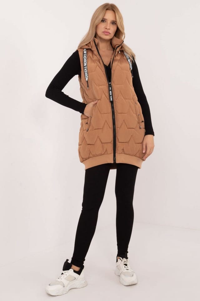Love Lace Love Lace Women's Quilted Hooded Vest with Zipper Pockets in Brown - 2