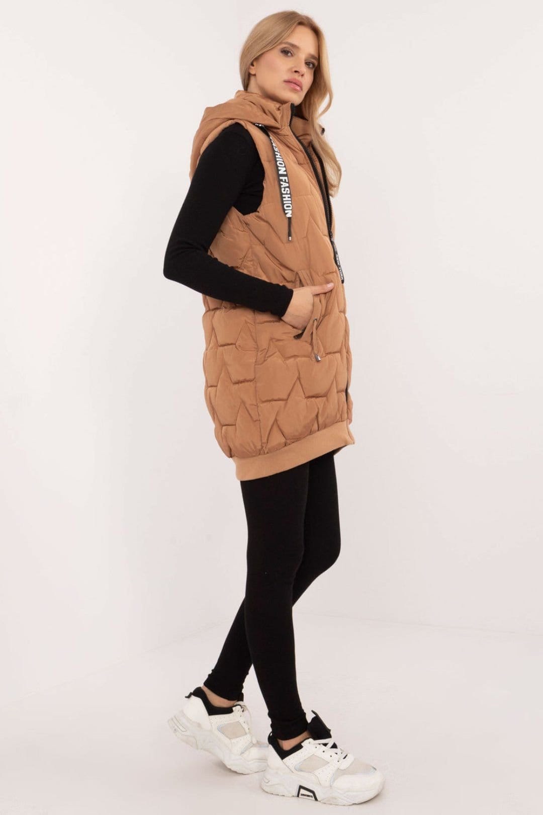 Love Lace Love Lace Women's Quilted Hooded Vest with Zipper Pockets in Brown - 4