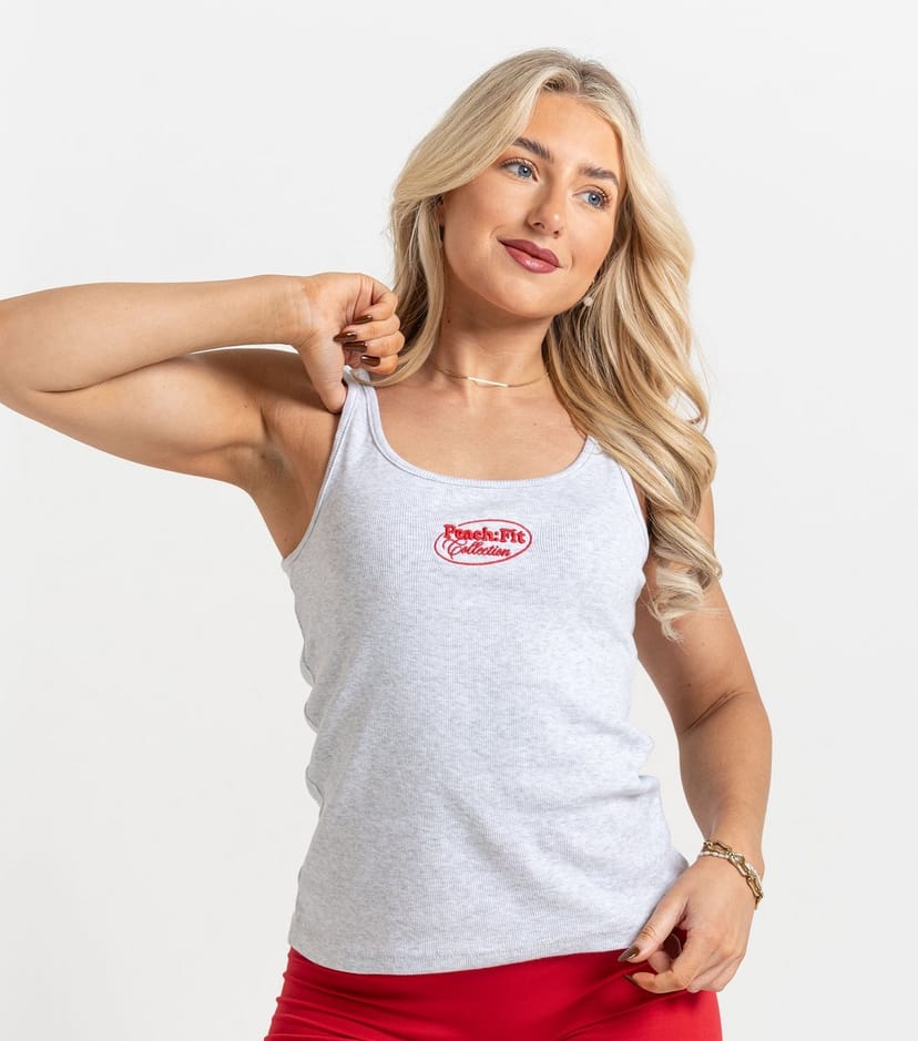 Peach Fit Women's Grey Marl Ribbed Logo Laelia Tank Top Peach Fit New Look - 1