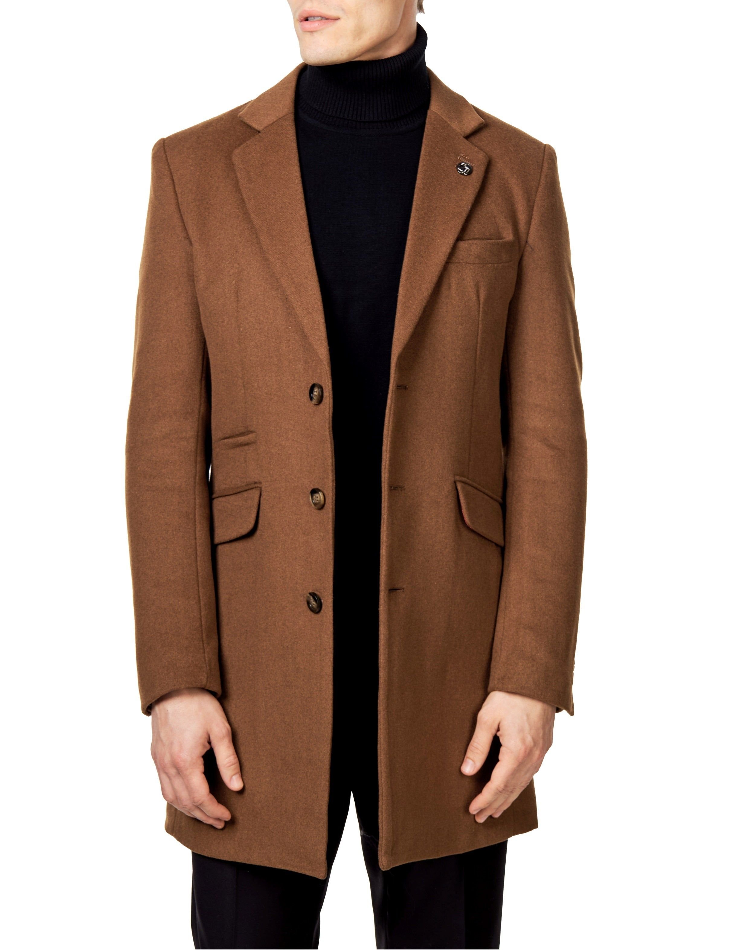 XPOSED XPOSED Men's NATE Wool Blend Long Overcoat - Timeless Elegant Outerwear in Camel - 2