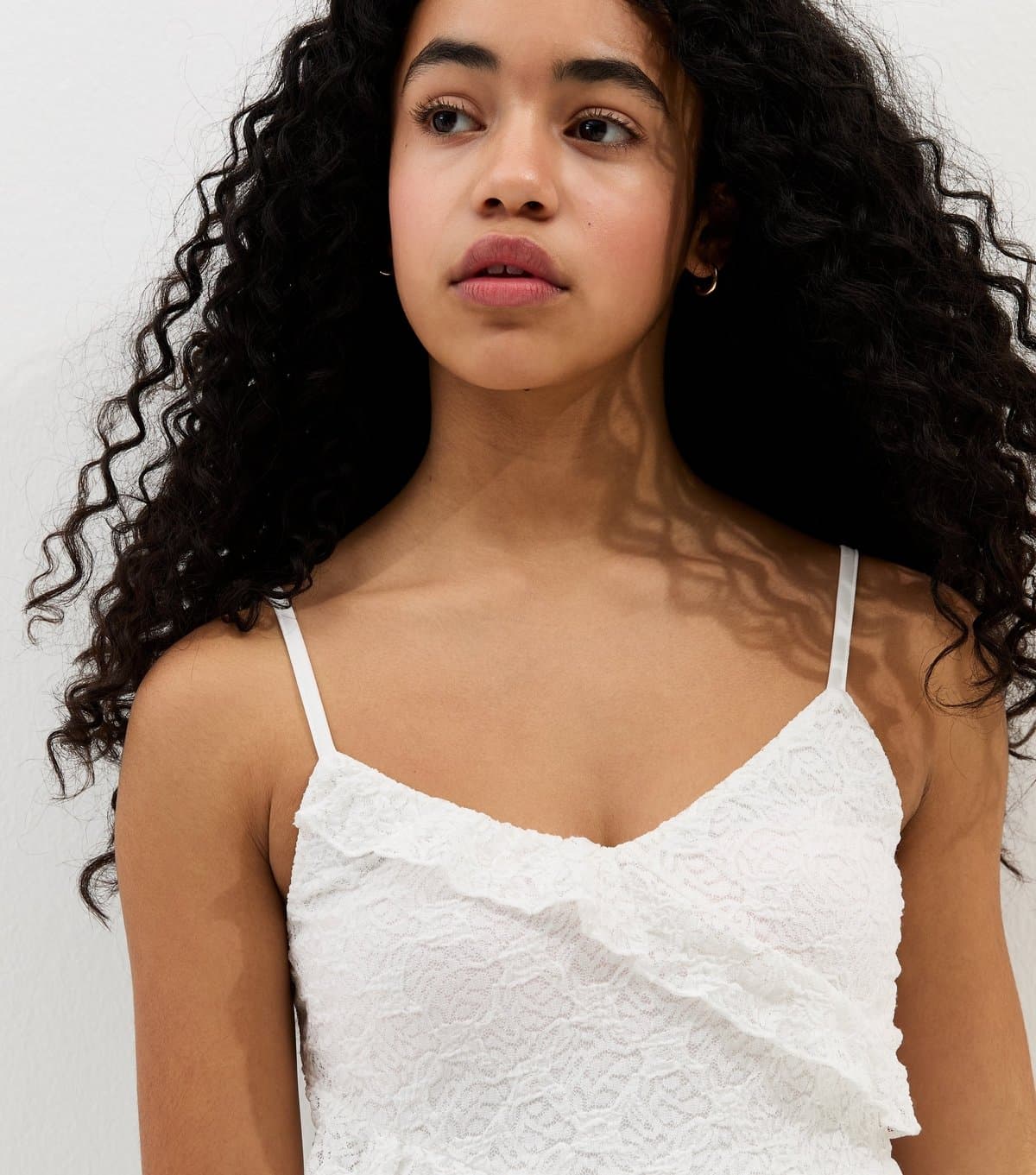 New Look Girls' White Ruffle Trim Asymmetric Lace Cami Top New Look