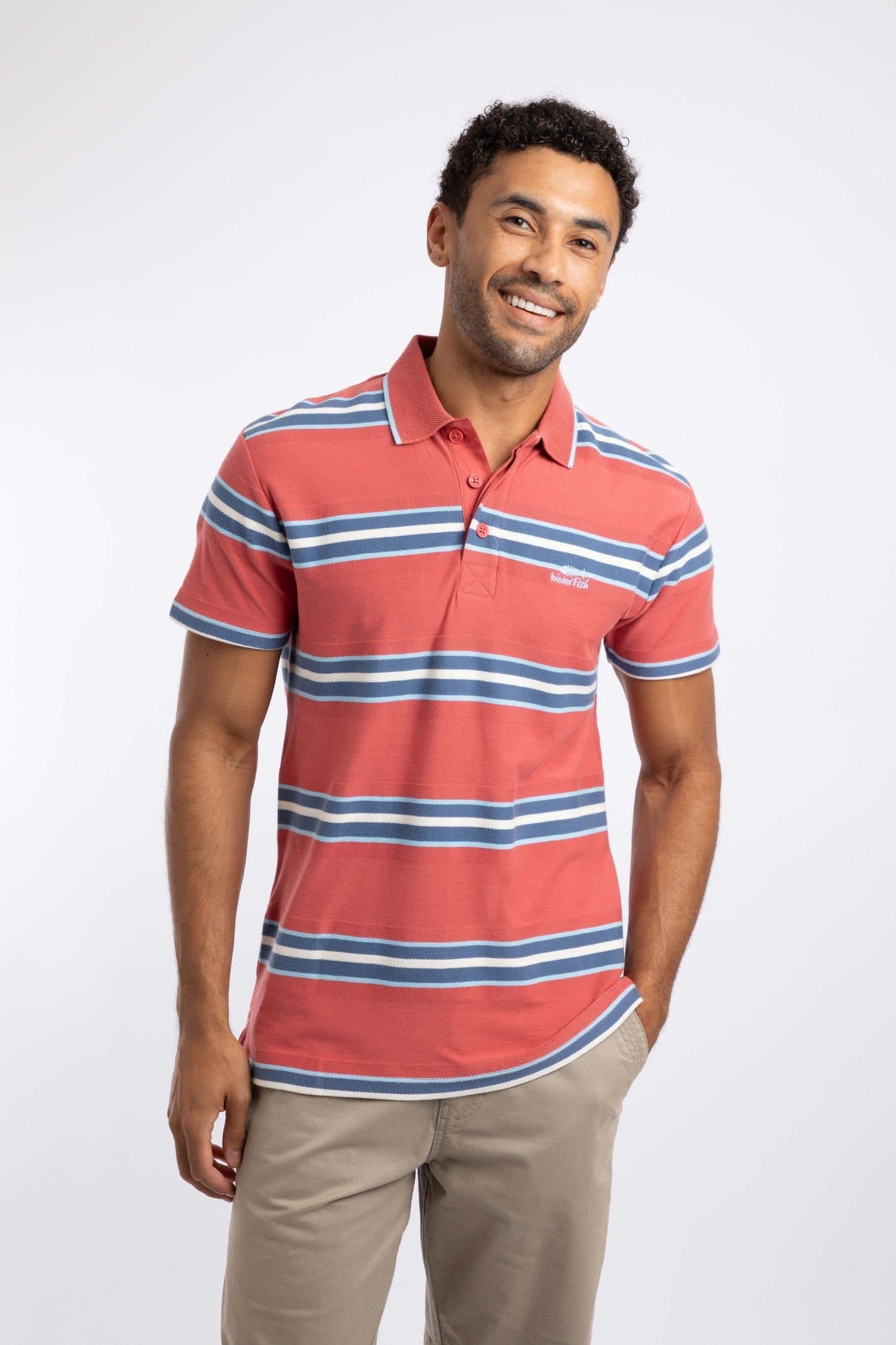 Weird Fish Weird Fish Men's Dent Block Stripe Polo Shirt in Light Red
