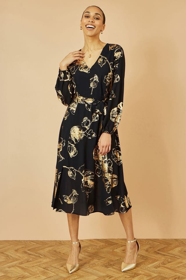 Yumi Yumi Women's Black Foil Rose Print Midi Dress - 3